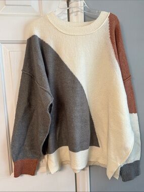 Cozy Colorblock Crewneck Sweater - Cream, Gray & Rust (Oversized)